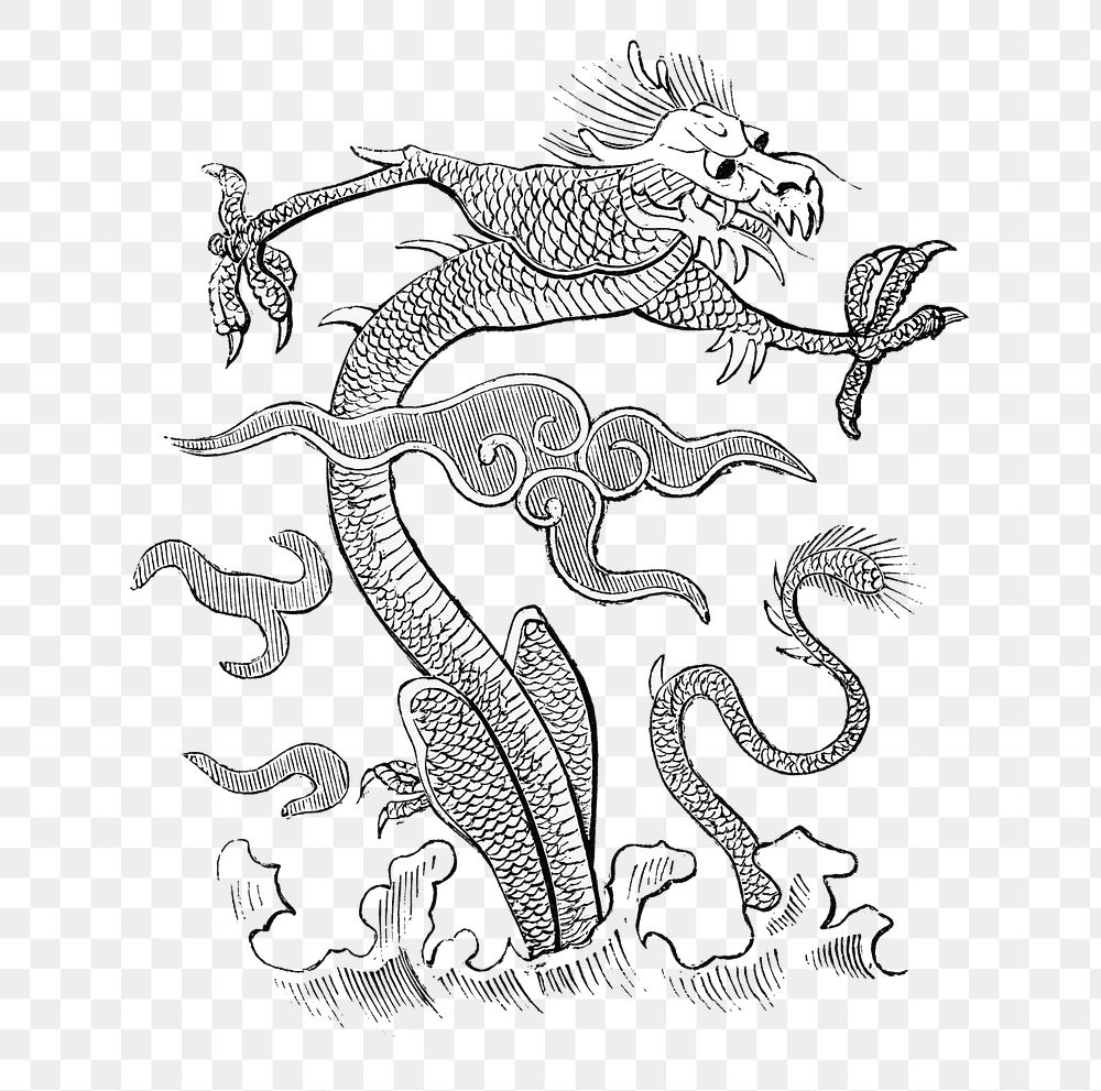 Oriental Dragon png, black & white, transparent background
