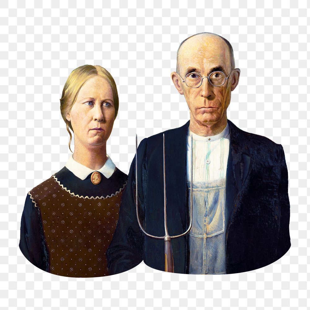 American Gothic png, Grant Wood's vintage painting on transparent background, remixed by rawpixel