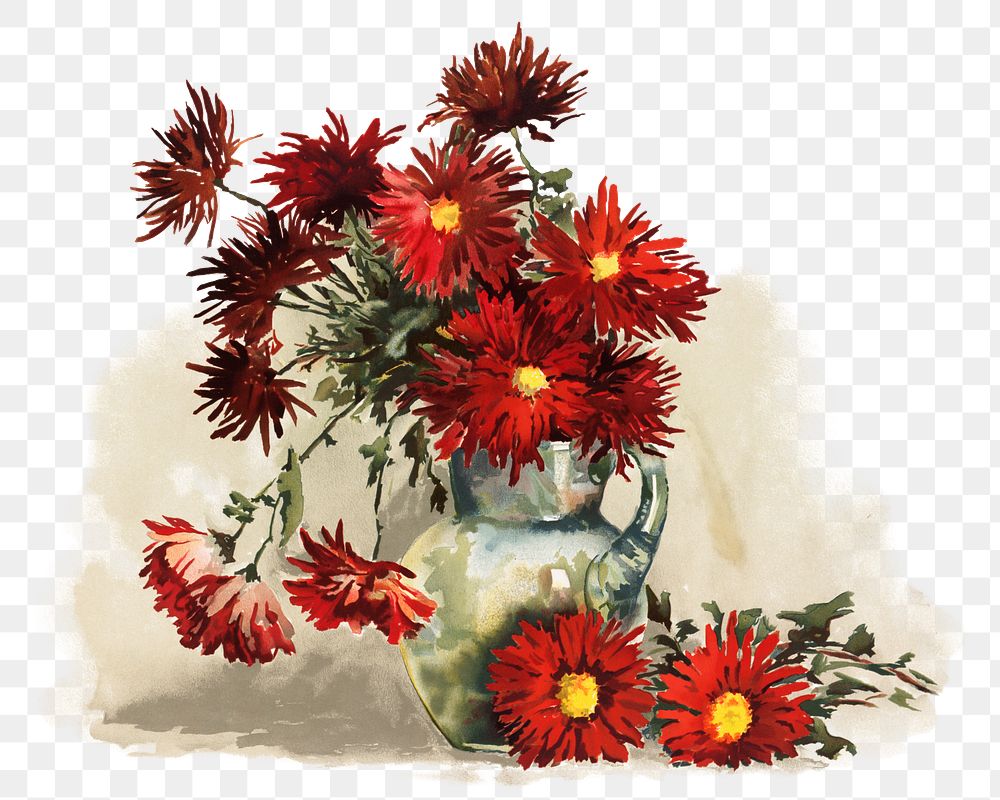Chrysanthemums png, red flower vase illustration by Louise Blogett Field, transparent background. Remixed by rawpixel.