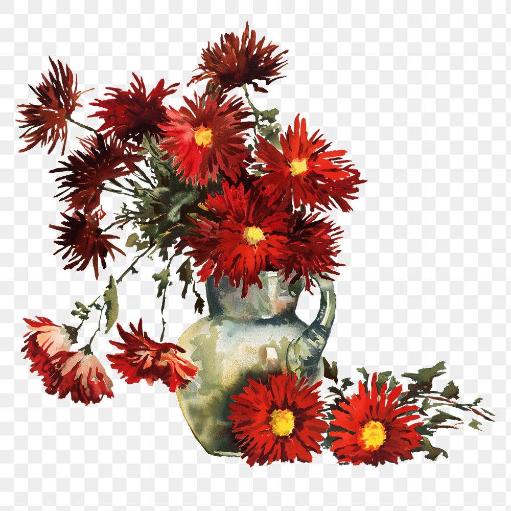 Chrysanthemums png, red flower vase illustration by Louise Blogett Field, transparent background. Remixed by rawpixel.