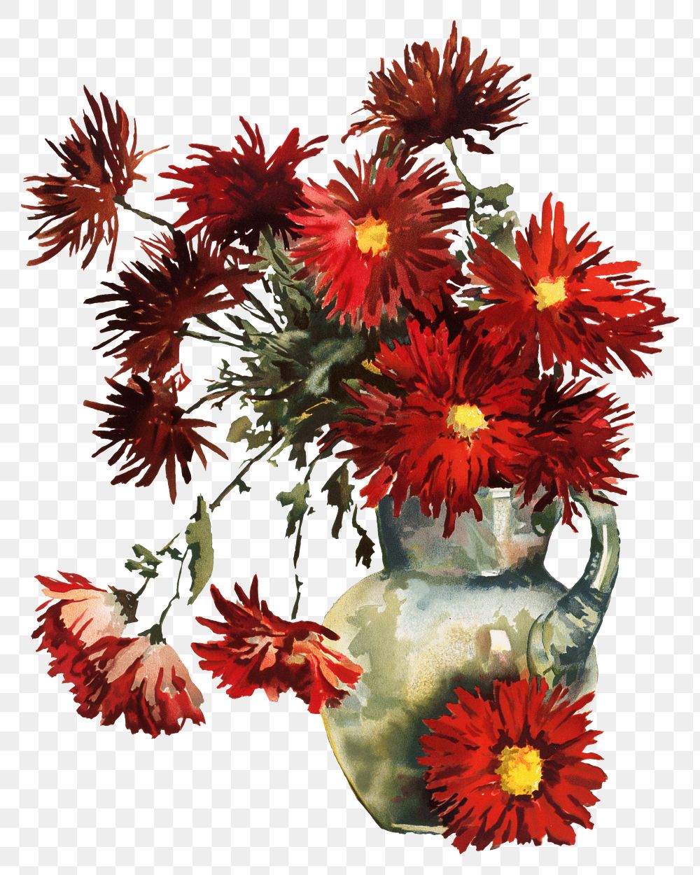 Chrysanthemums png, red flower vase illustration by Louise Blogett Field, transparent background. Remixed by rawpixel.