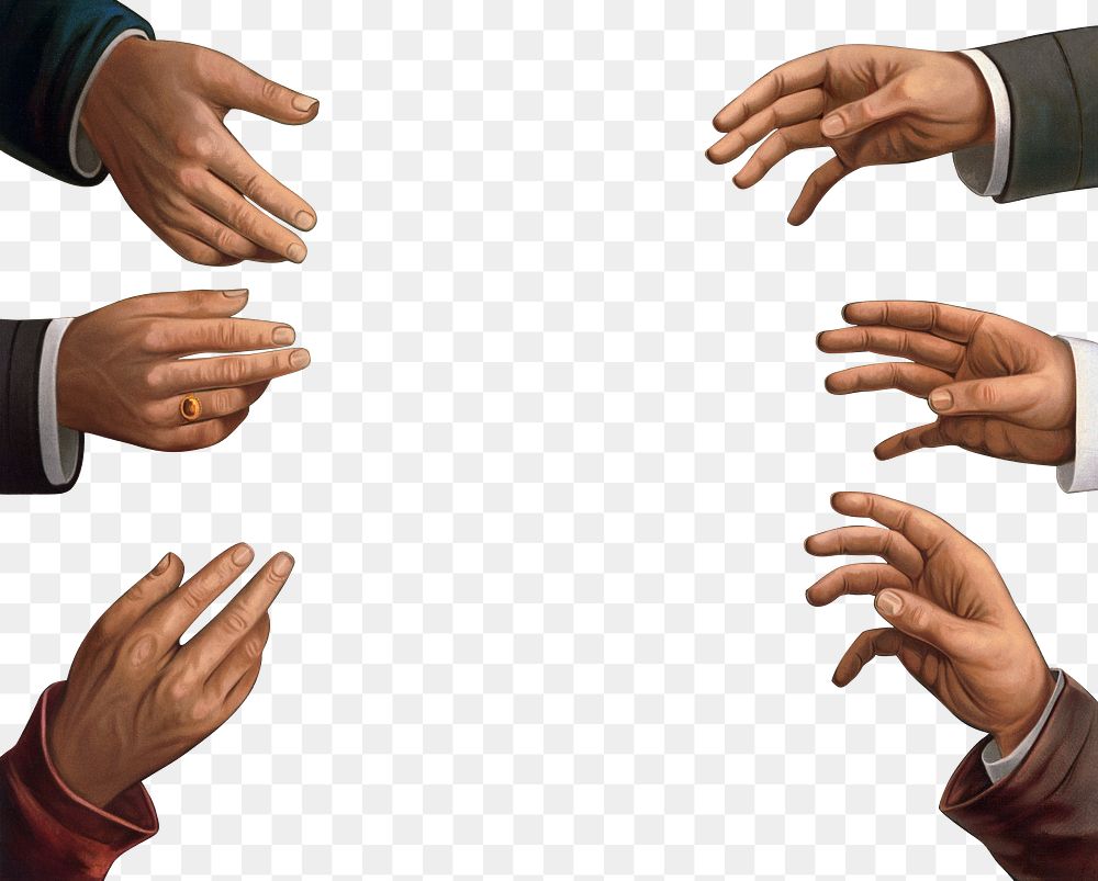 Seven male hands png, vintage gesture illustration, transparent background. Remixed by rawpixel.