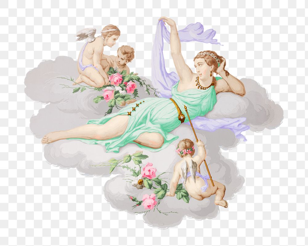 Goddess png cherubs on the cloud, vintage illustration on transparent background. Remixed by rawpixel.