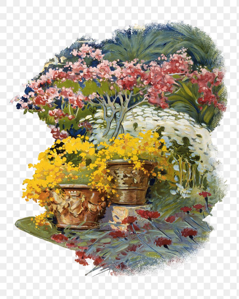 Potted flowers png watercolor illustration element, transparent background. Remixed from vintage artwork by rawpixel.