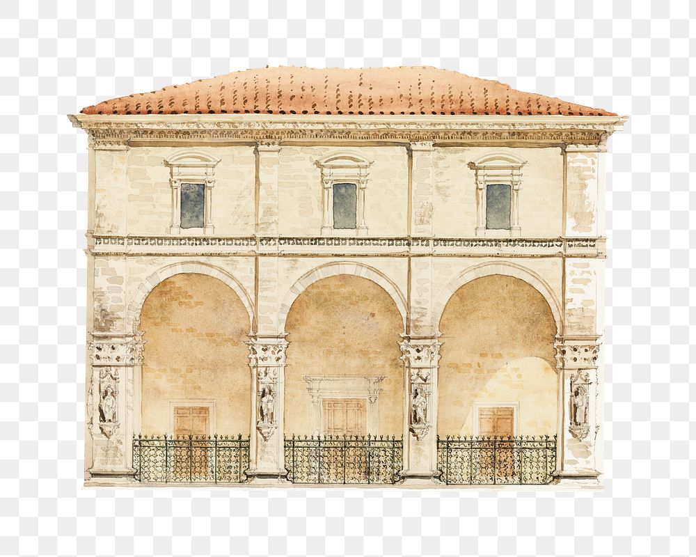 Italian architecture png watercolor illustration element, transparent background. Remixed from Whitney Warren Jr  artwork…