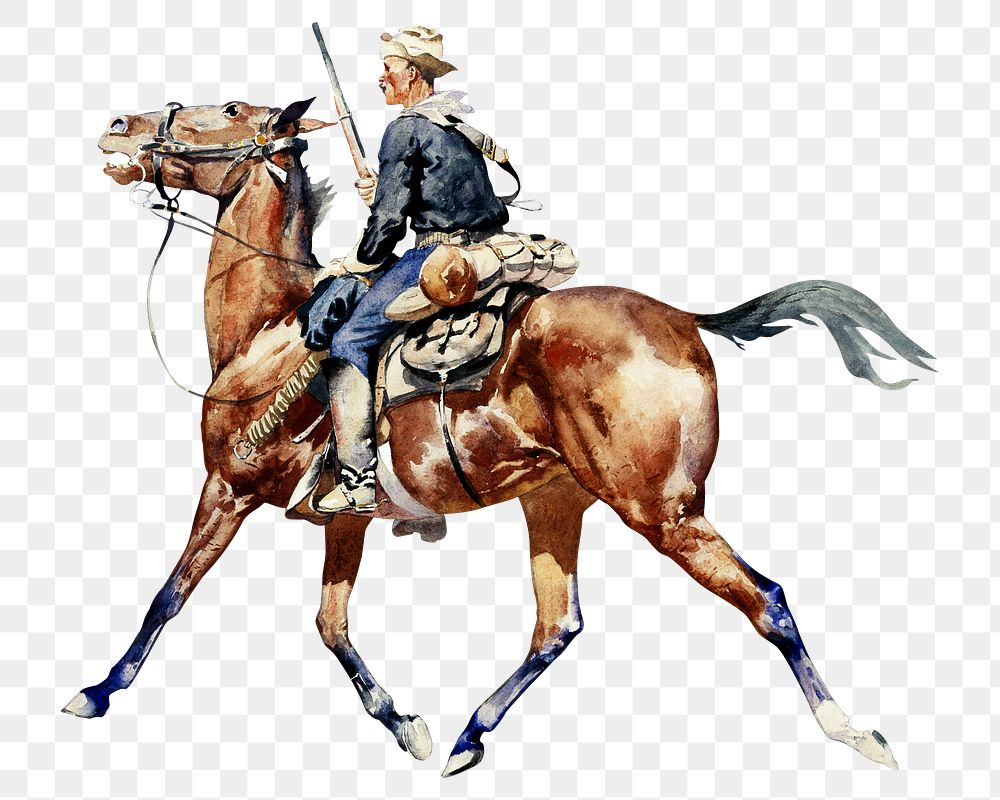 Soldier on horse png watercolor illustration element, transparent background. Remixed from Frederic Remington artwork, by…