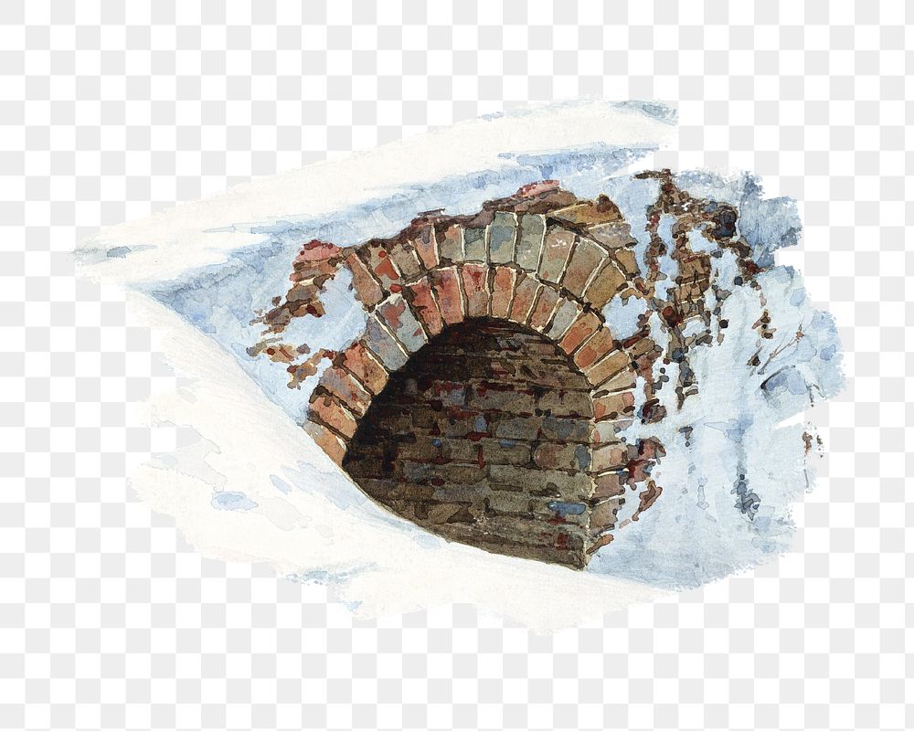 Winter bridge png watercolor illustration element, transparent background. Remixed from Eugene Wallachy artwork, by rawpixel.