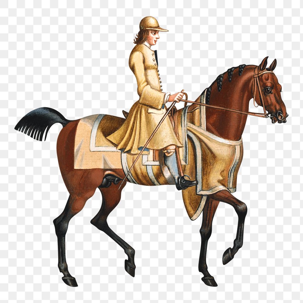 Horse & rider png watercolor illustration element, transparent background. Remixed from James Seymour artwork, by rawpixel.