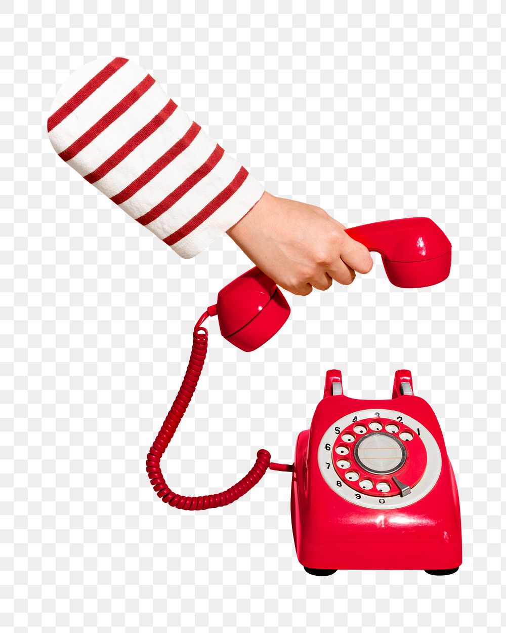Woman answering png red telephone, transparent background