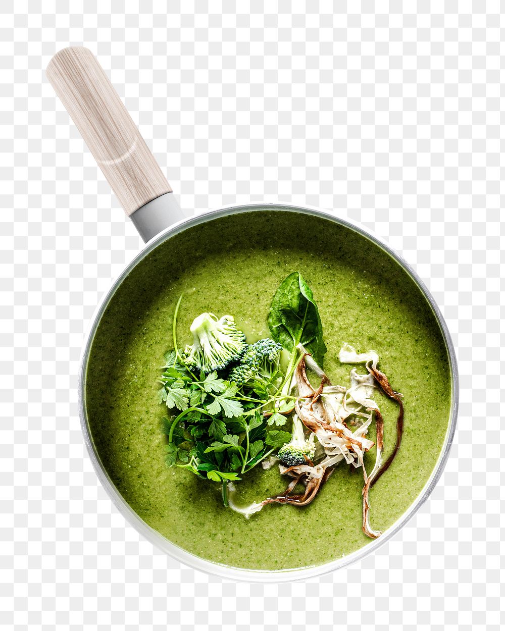 PNG Homemade broccoli soup with horseradish and parsley chips, collage element, transparent background