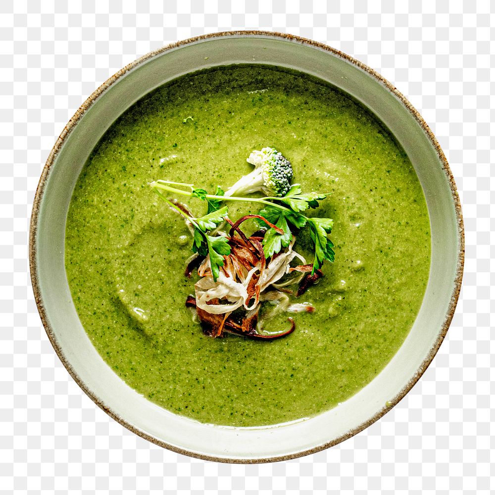 PNG Homemade broccoli soup with horseradish and parsley chips, collage element, transparent background