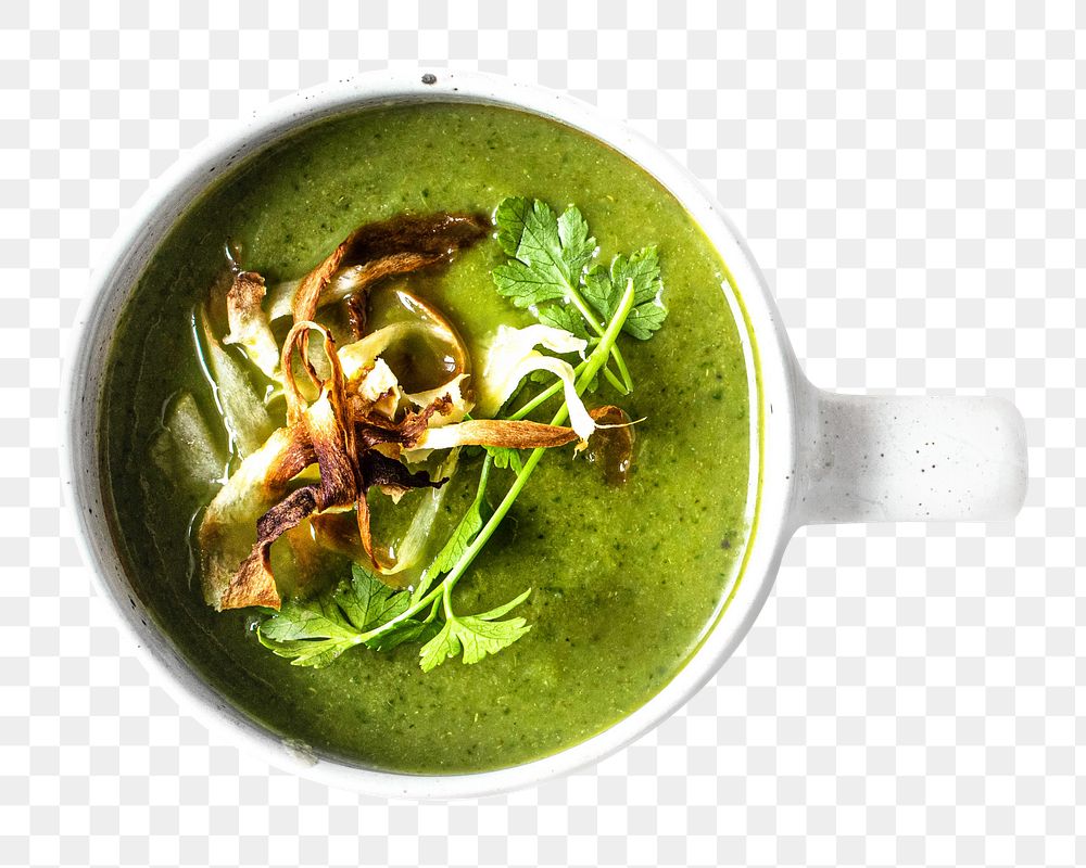 PNG Homemade broccoli soup with horseradish and parsley chips, collage element, transparent background