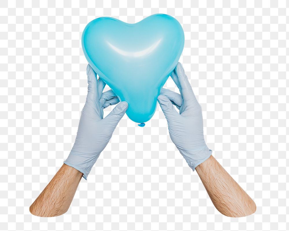 Gloved hands png holding a blue heart balloon, transparent background
