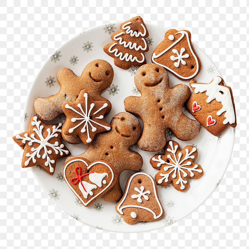 PNG Christmas gingerbread cookies on a plate, collage element, transparent background