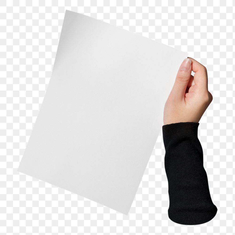 Png white paper held by hand, transparent background