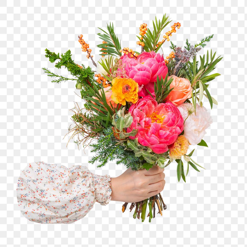 Flower bouquet png, held by hand, transparent background