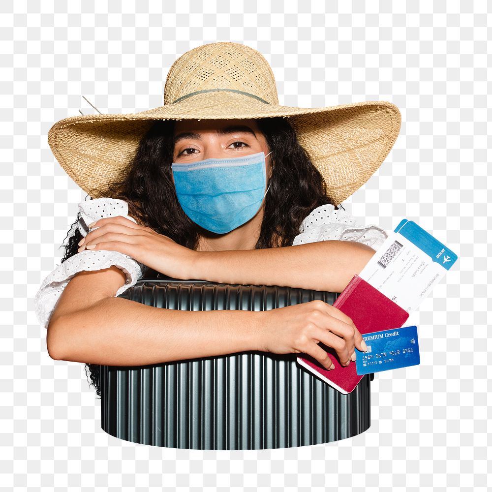PNG New normal vacation woman in mask, covid 19, collage element on transparent background