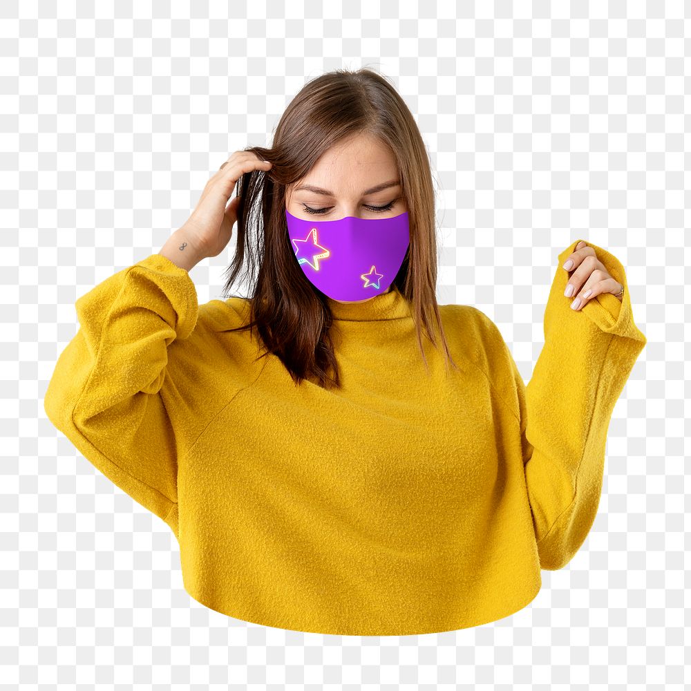 PNG Girl wearing face mask to prevent Covid 19, collage element on transparent background