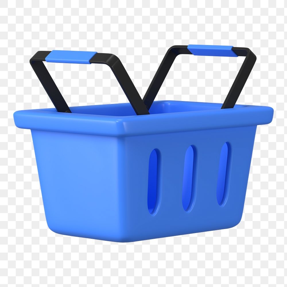 Blue shopping png basket, supermarket, 3D object illustration on transparent background