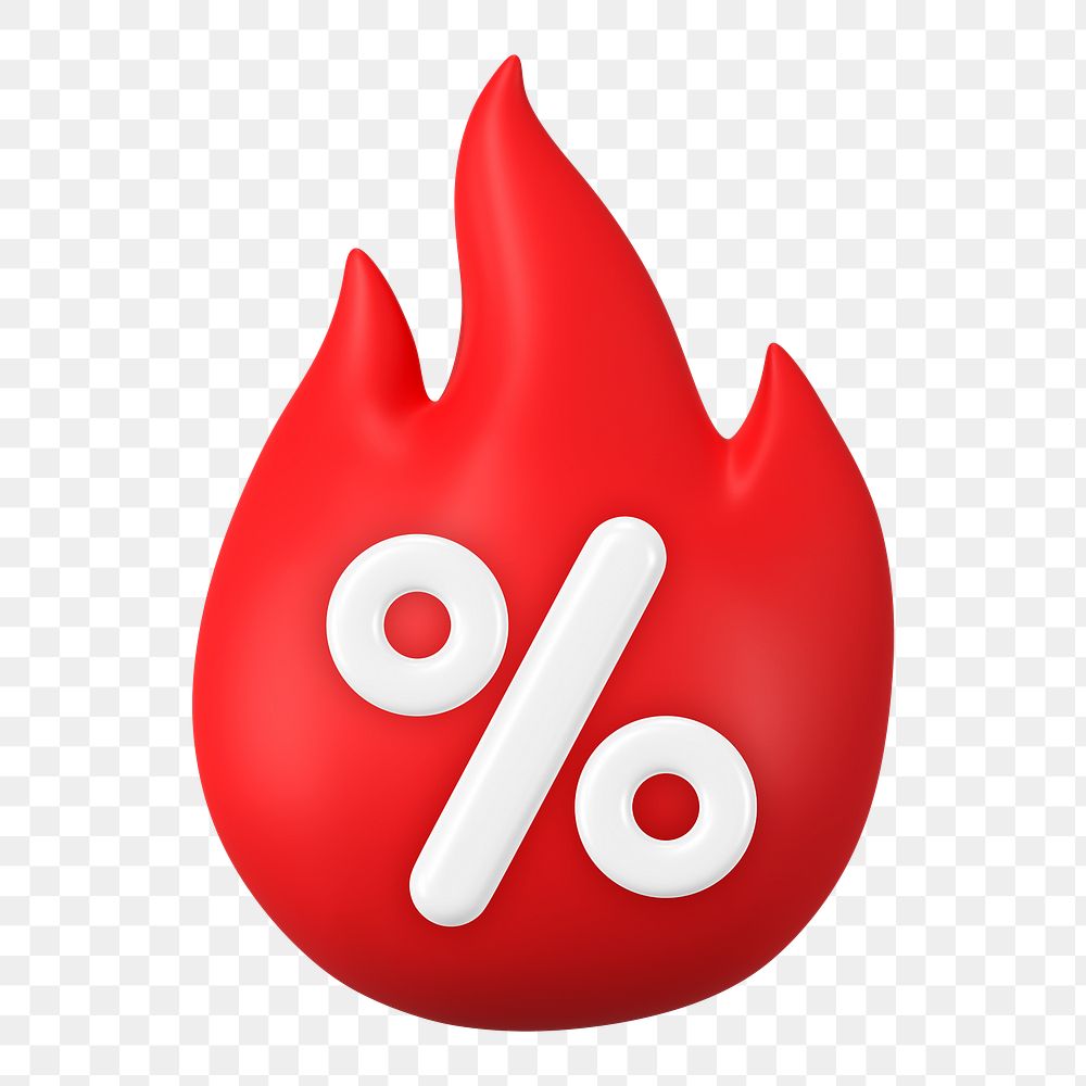 Red flame png 3D, flash sale icon illustration with percent sign on transparent background