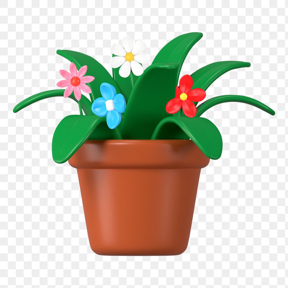 3D flower png pot, green botanical illustration on transparent background