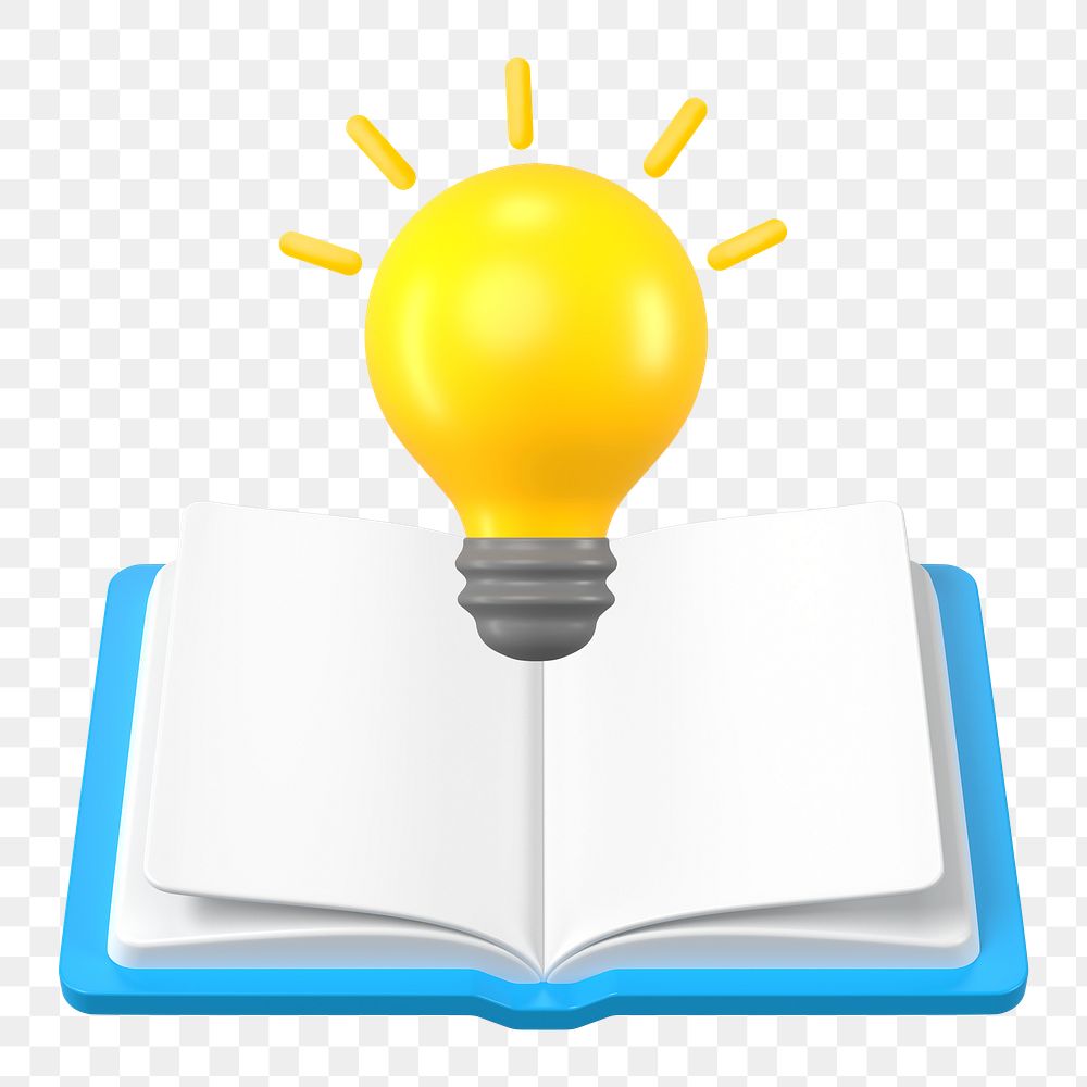 3D book png clipart, light bulb, creativity symbol on transparent background