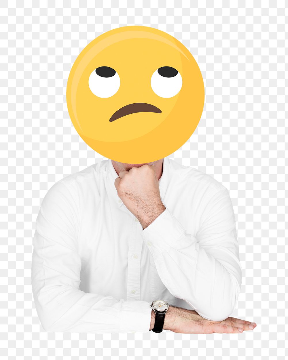 PNG Unamused face emoji portrait on a man, collage element, transparent background