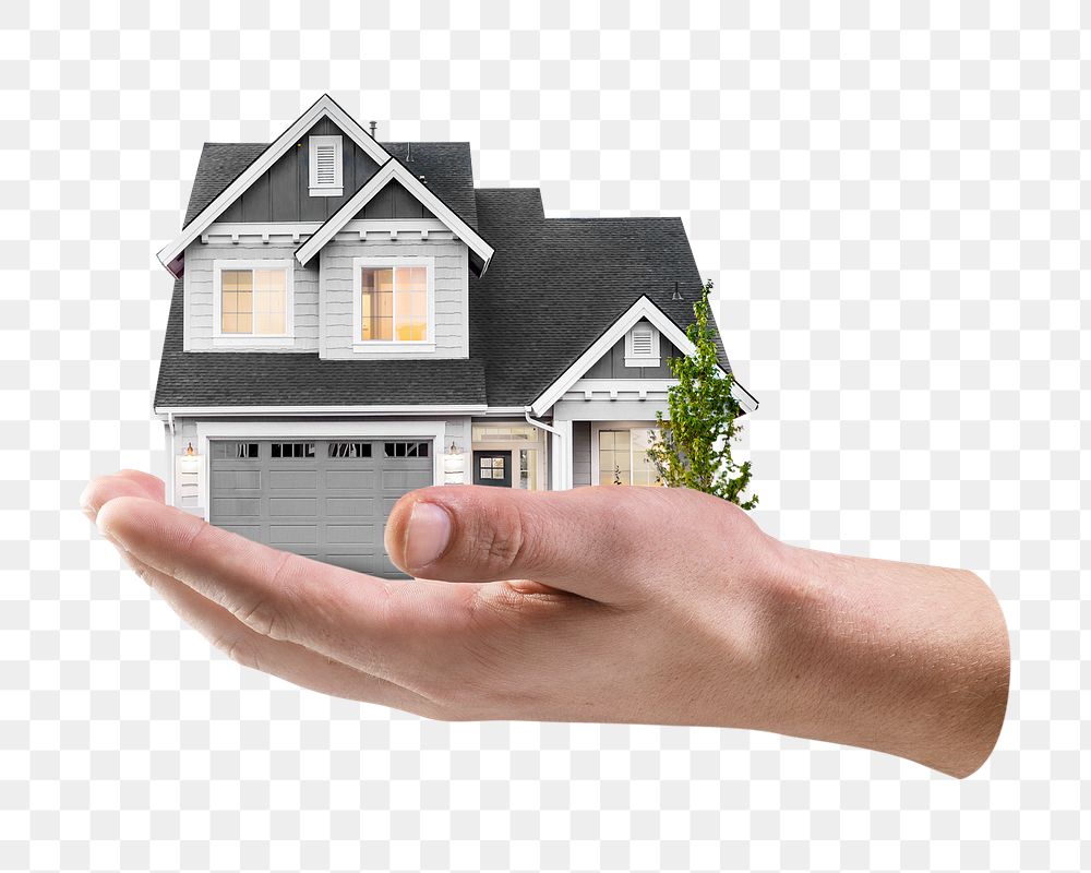 PNG Hand presenting house, home loan campaign, collage element on transparent background