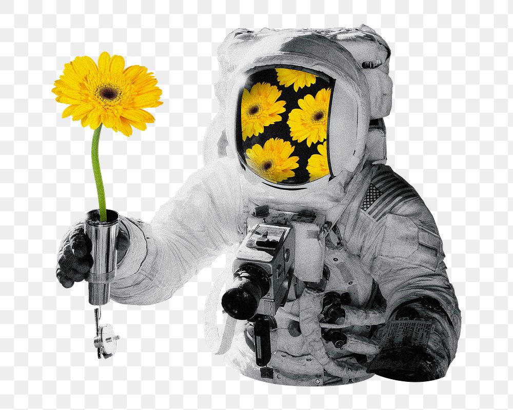 PNG Astronaut collage, sunflower, collage element on transparent background