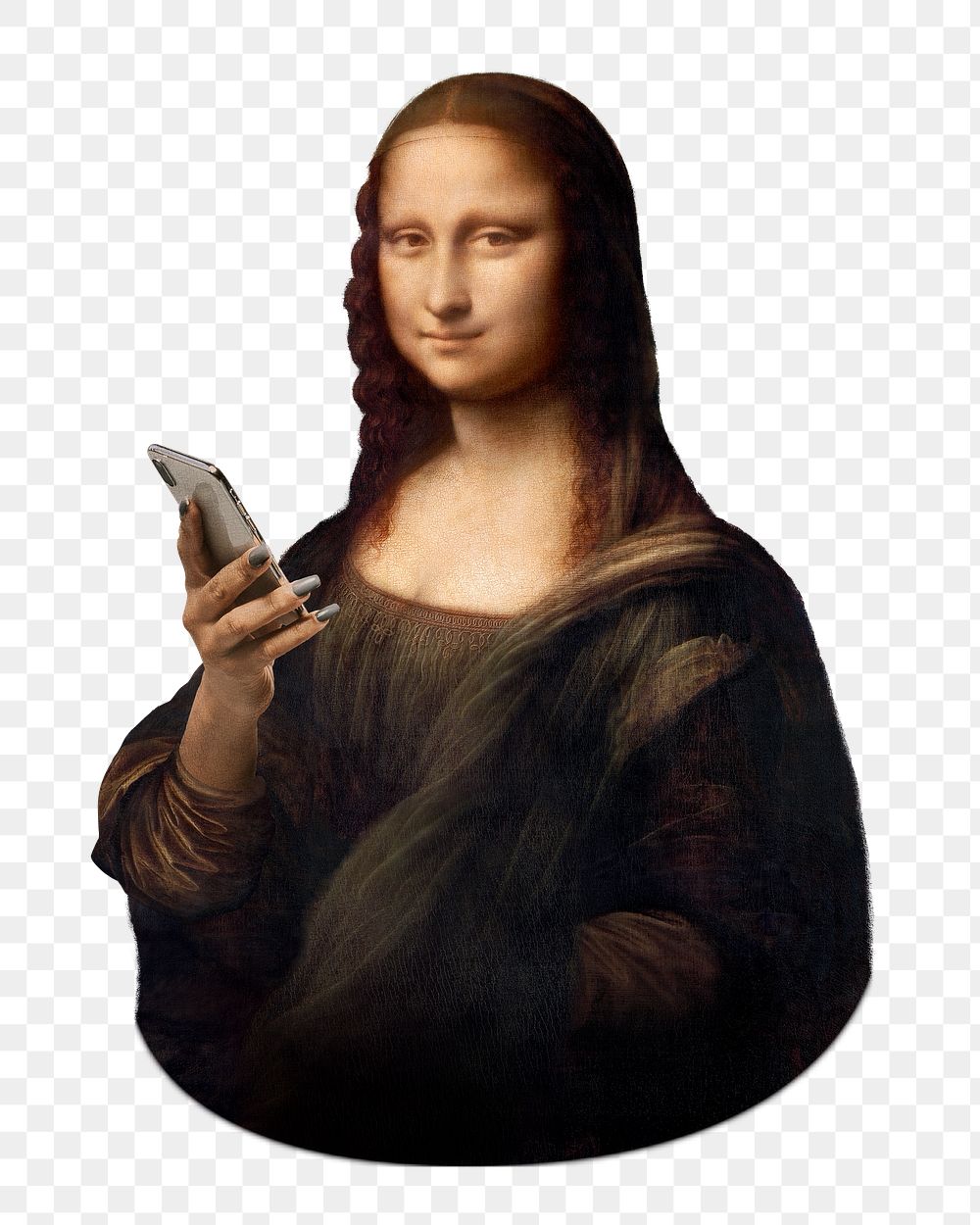 Mona Lisa using phone png, transparent background, Da Vinci's famous artwork remixed by rawpixel,