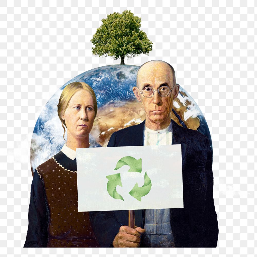 Save Earth png vintage sticker, Grant Wood's American Gothic mixed media transparent background. Remixed by rawpixel.