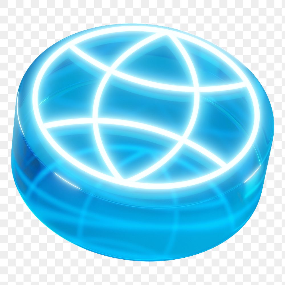 Grid globe png 3D blue neon connection icon, transparent background