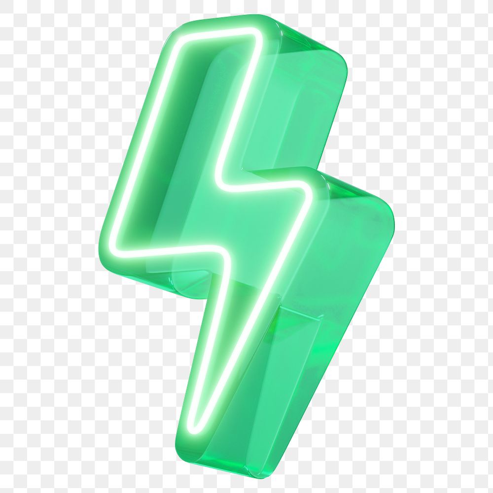 Green lightning png neon power icon, transparent background