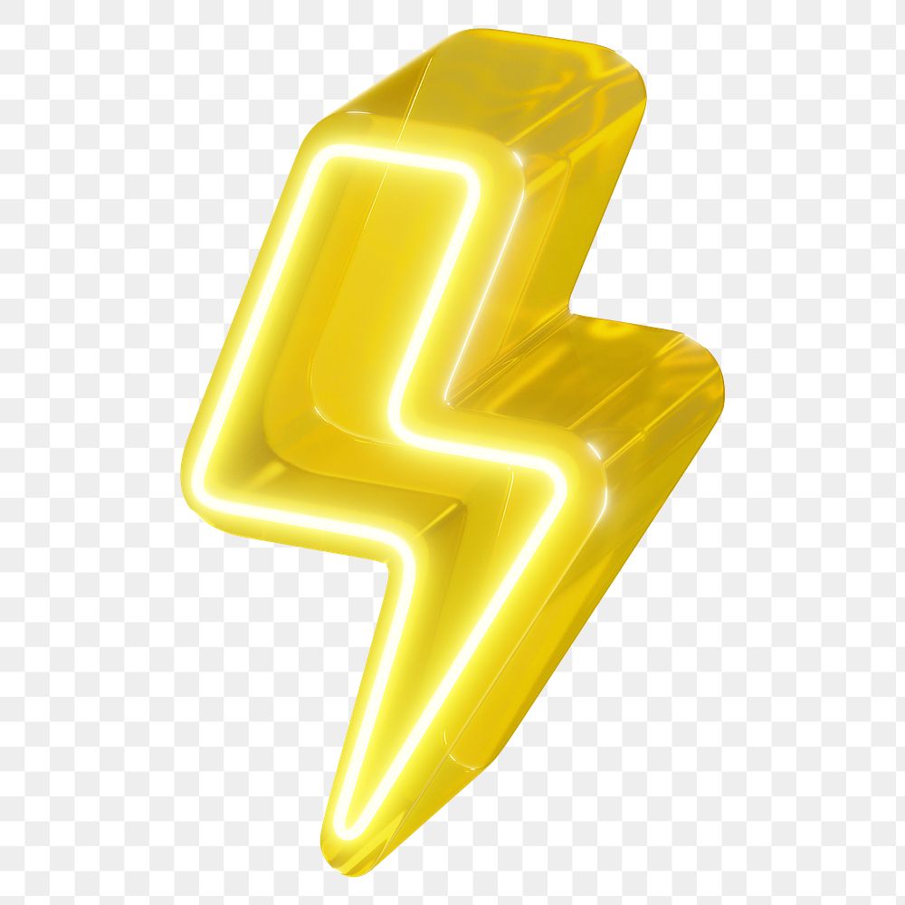 Yellow lightning png neon power icon, transparent background