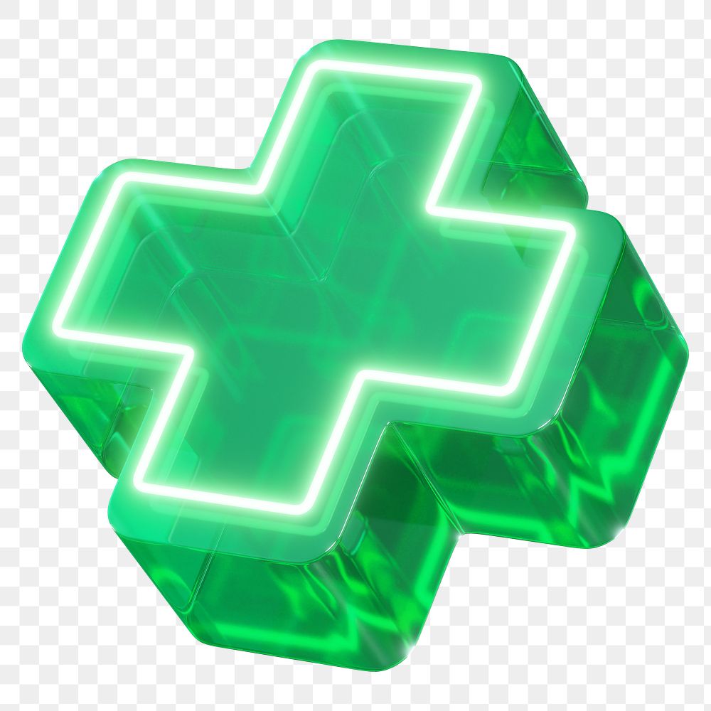 Green cross png neon medical sign, transparent background