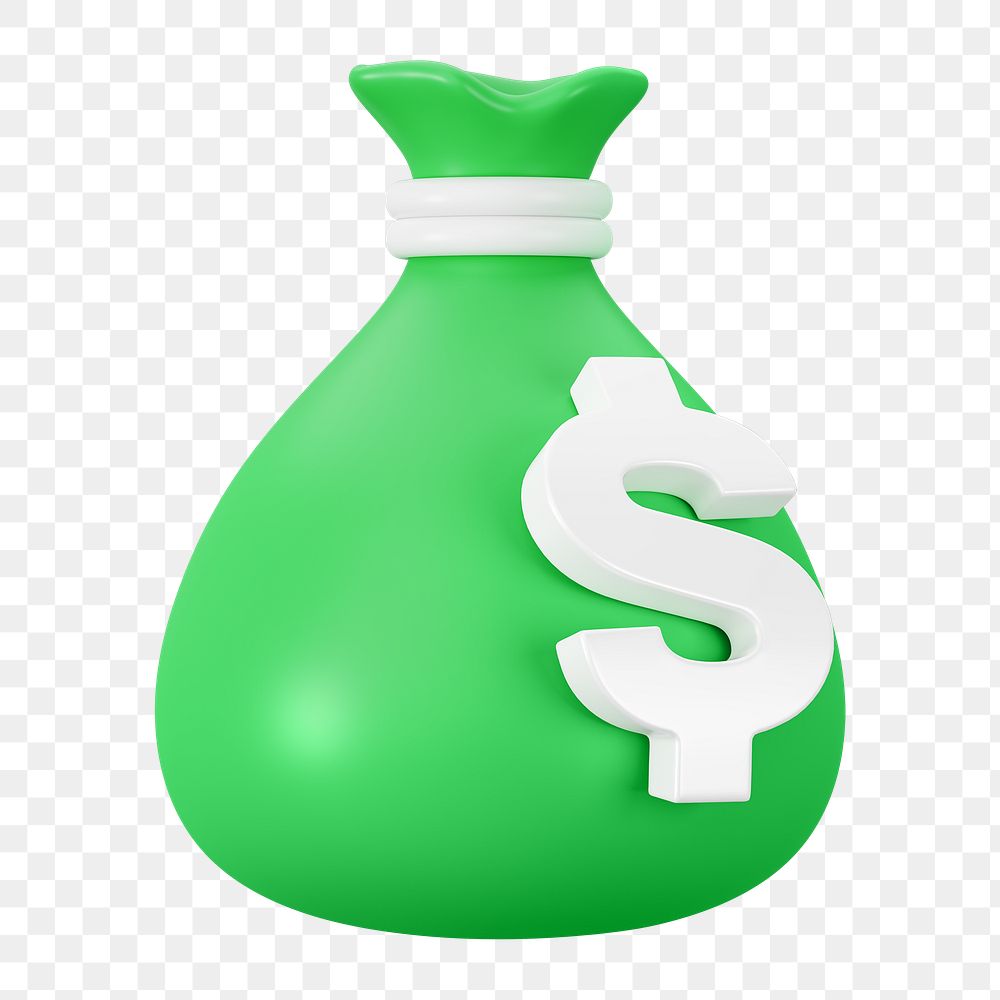 PNG 3D green money bag, element illustration, transparent background