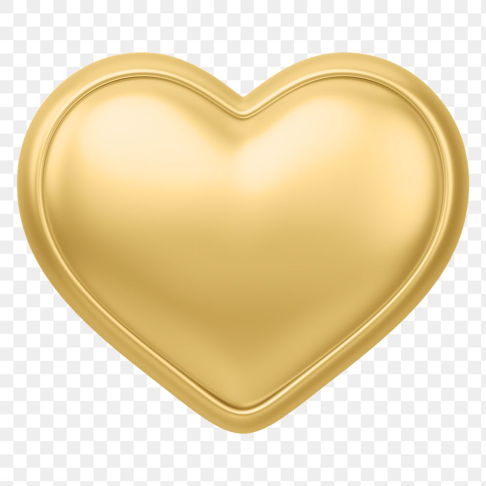 Metallic golden heart png 3D element, transparent background