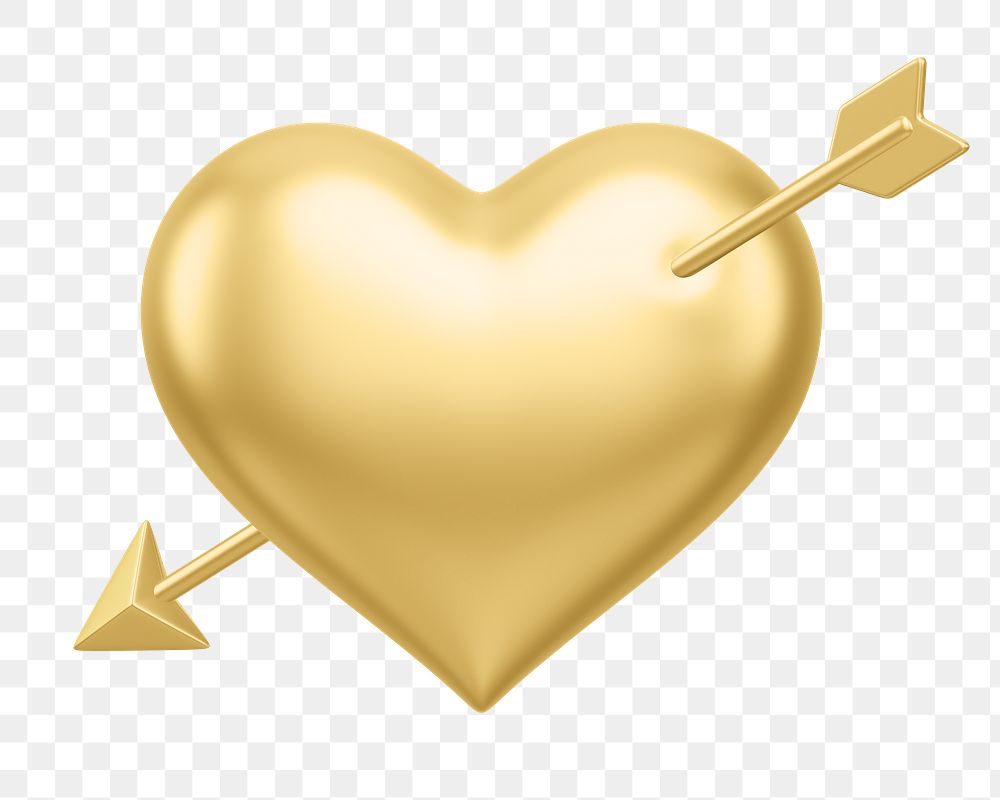 Golden arrow png through heart, transparent background