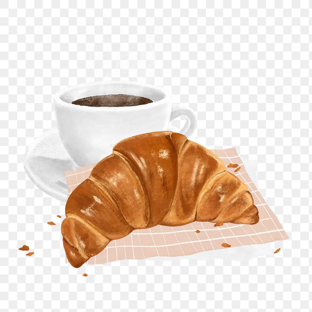 Croissant & coffee png, breakfast food, transparent background