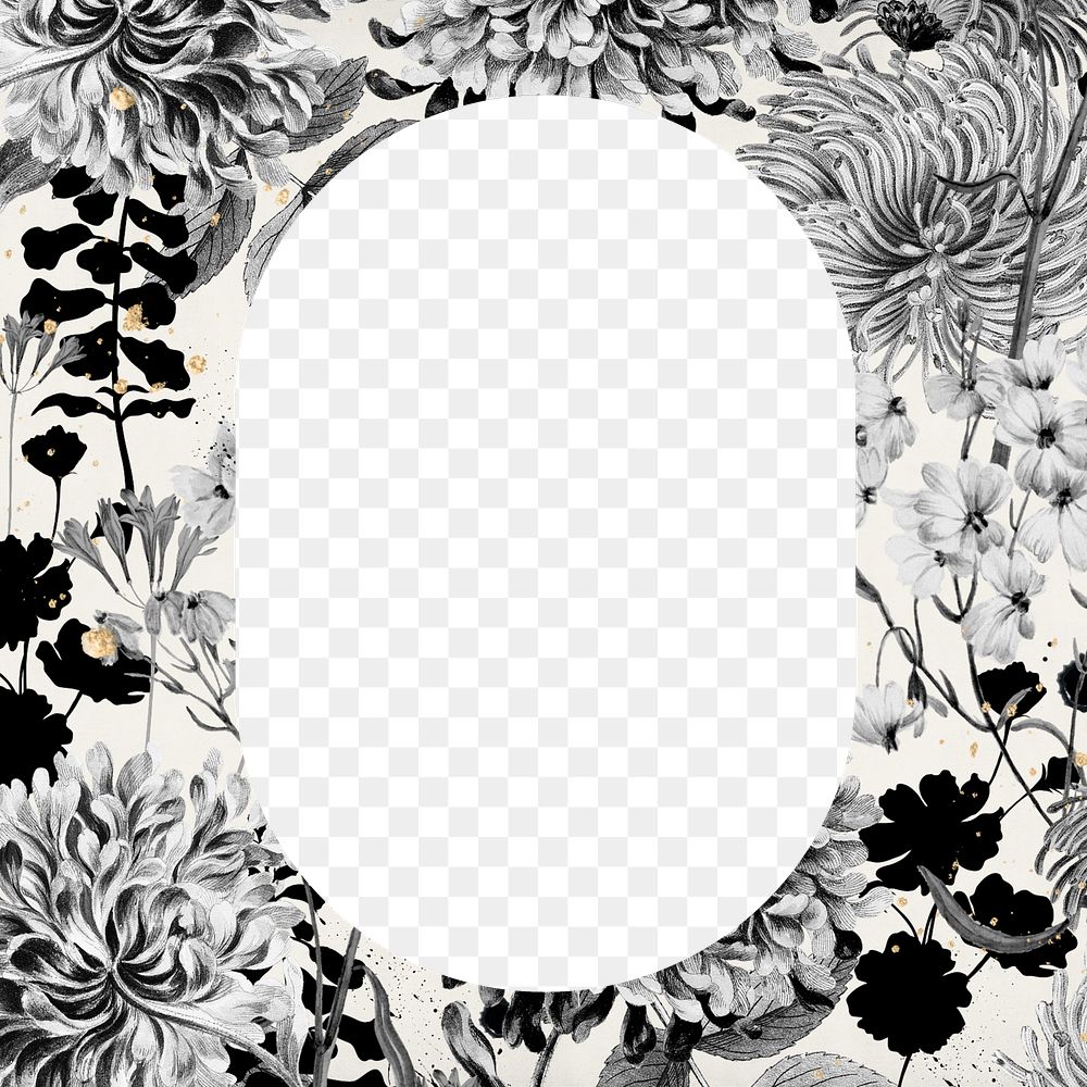 Aesthetic vintage png flower frame, black and white, transparent design