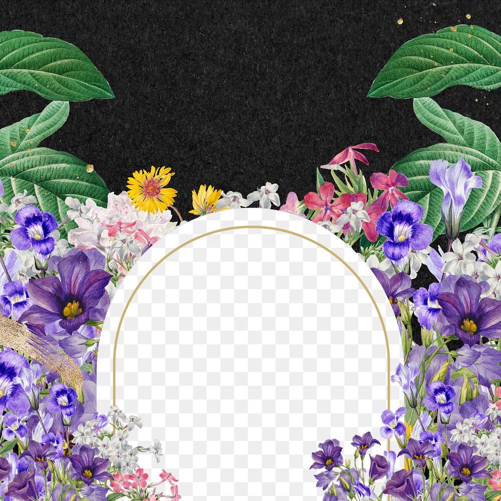 Purple flower field png frame, arch shaped, transparent design