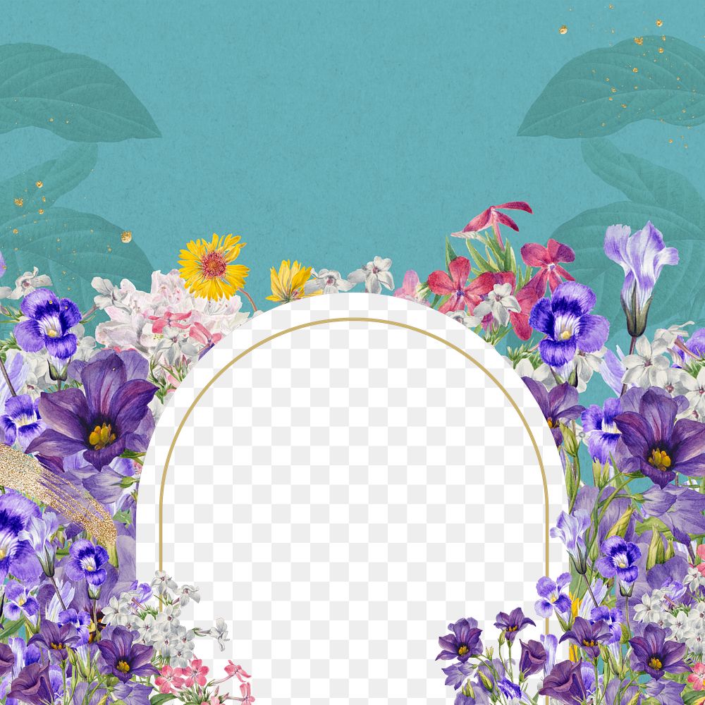 Purple flower field png frame, arch shaped, transparent design