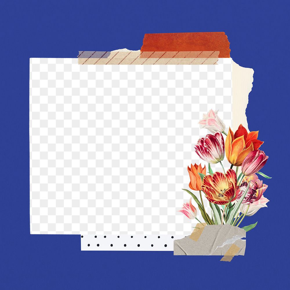 Note paper frame png Summer flowers collage, transparent design