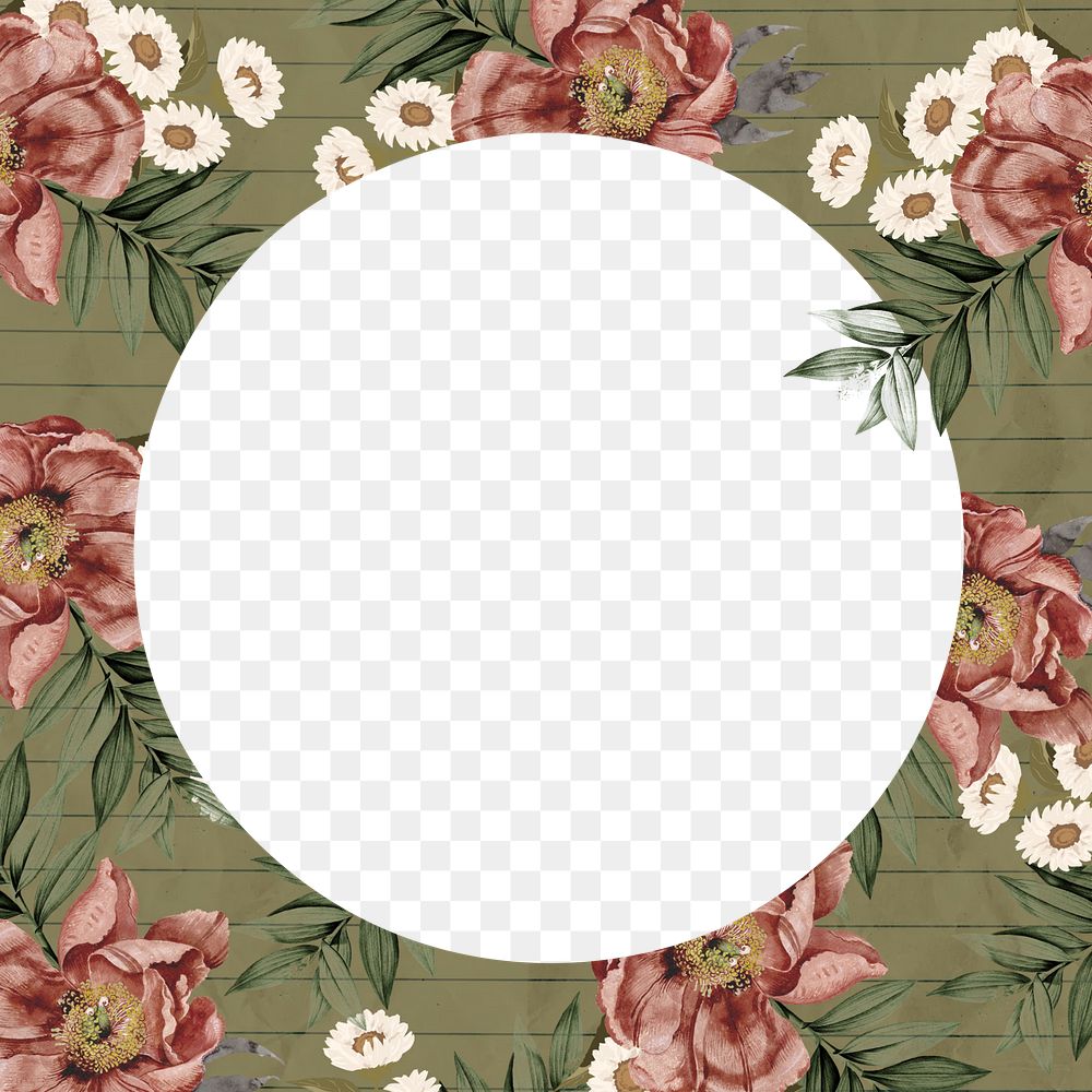 Circle paper png frame, pink vintage flower collage, transparent design