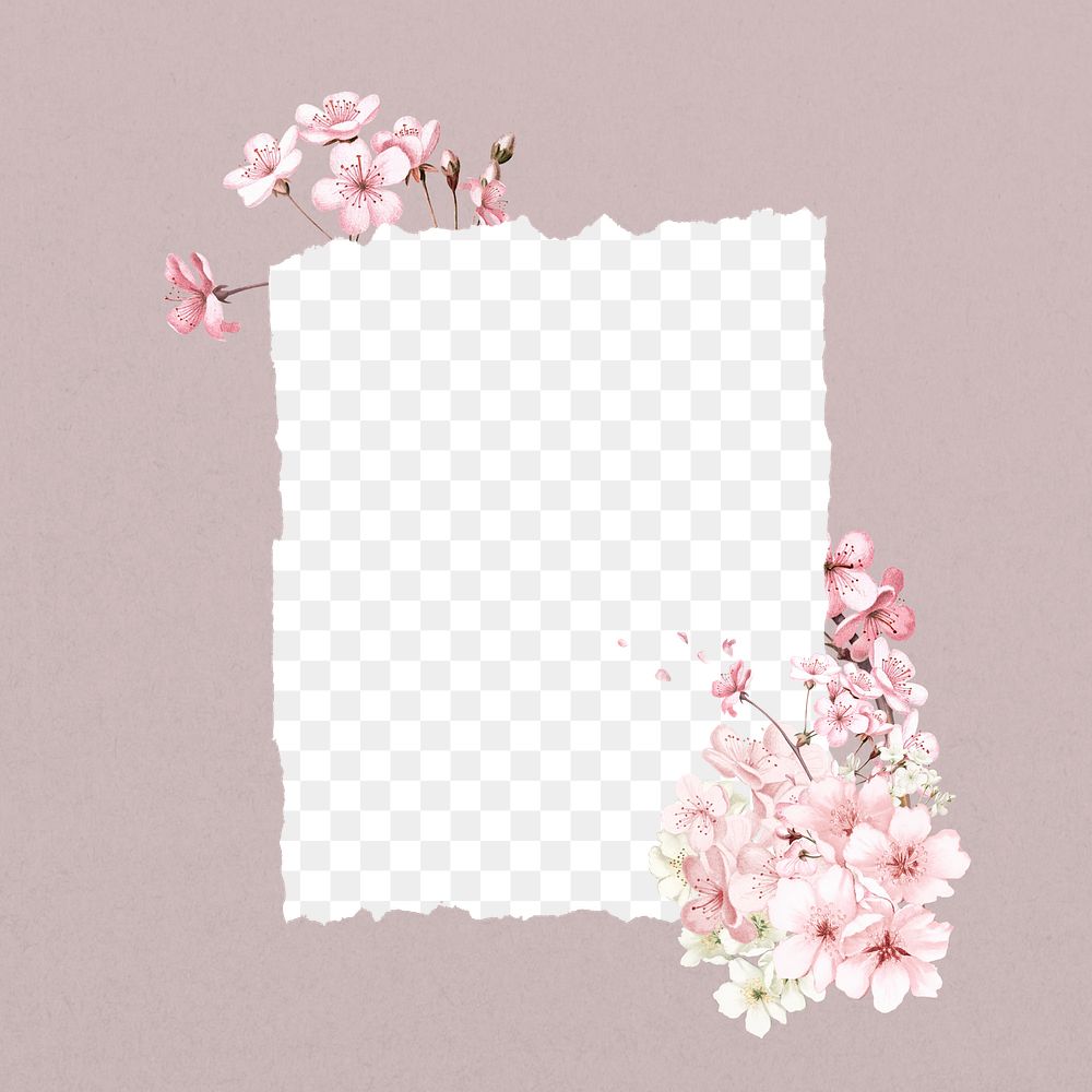 Note paper png frame, cherry blossom flower collage, transparent design