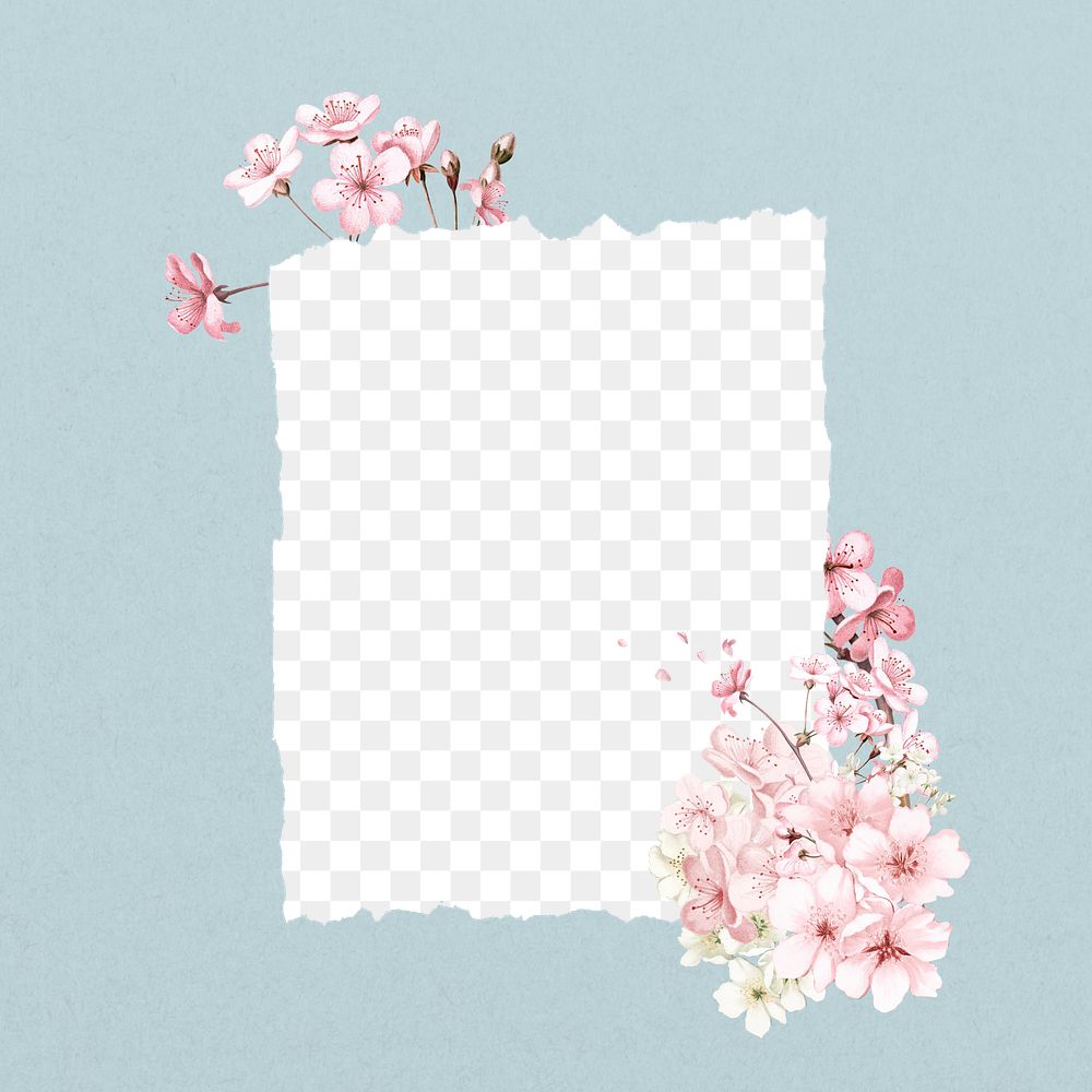 Note paper png frame, cherry blossom flower collage, transparent design