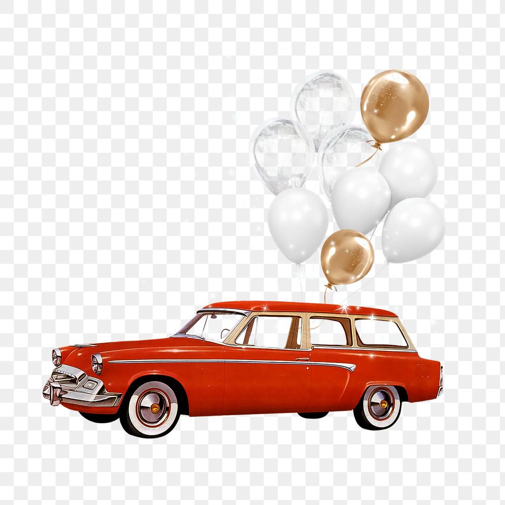 Floating car png with balloons, celebration graphic, transparent background