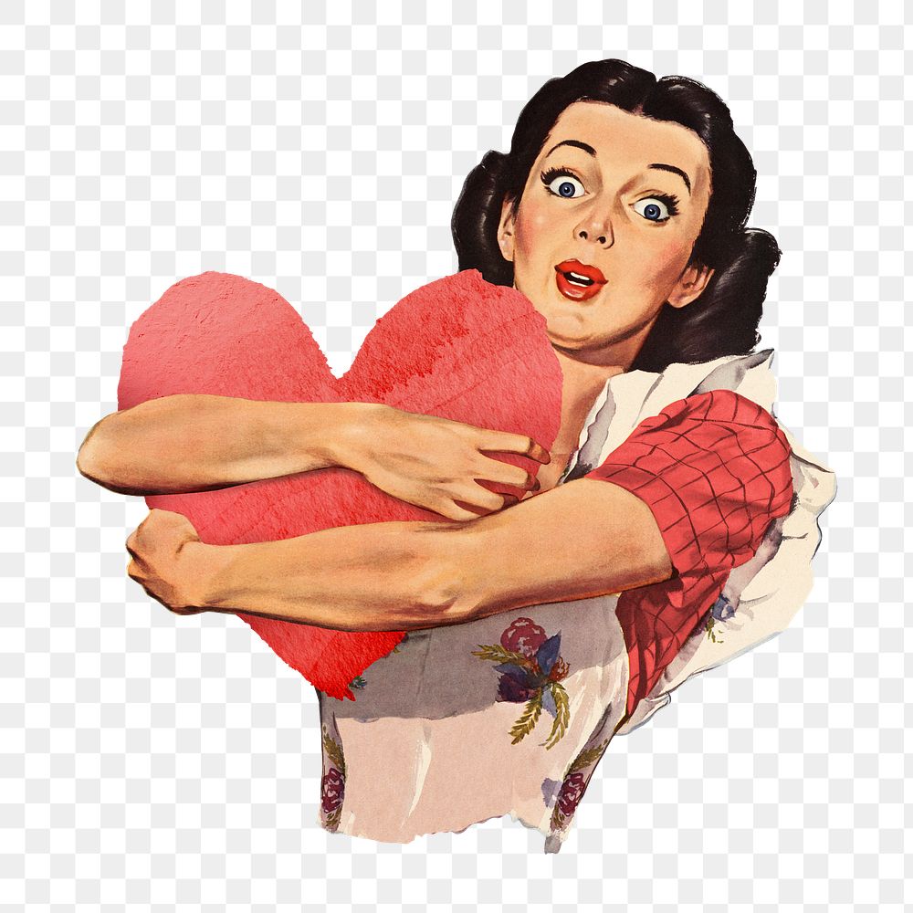 PNG Vintage woman holding heart, Valentine's Day illustration transparent background