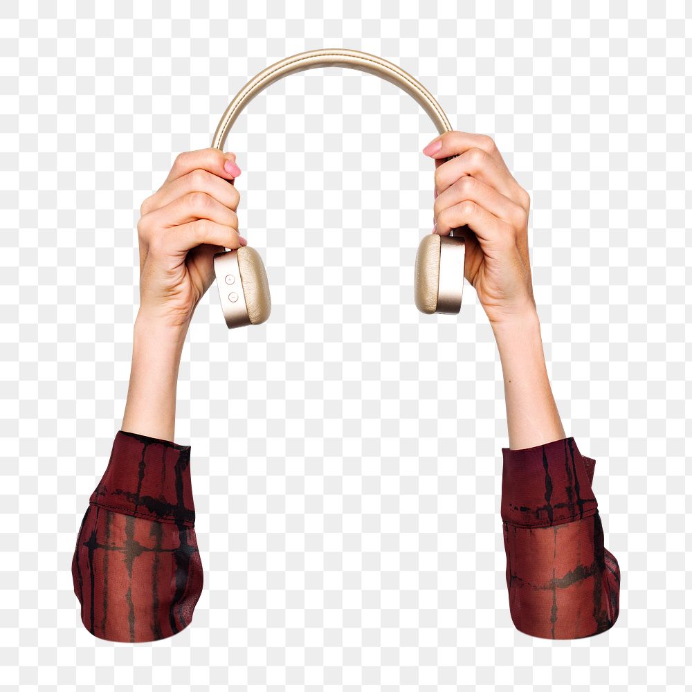 Headphones png in hand, transparent background