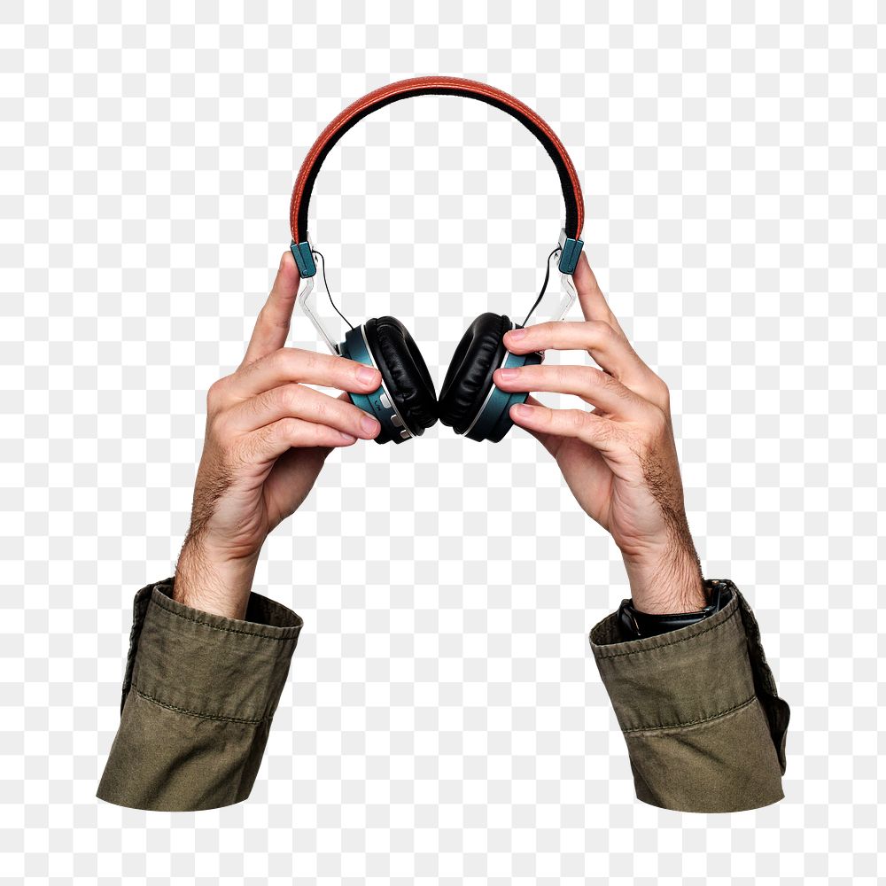 Headphones png in hand on transparent background